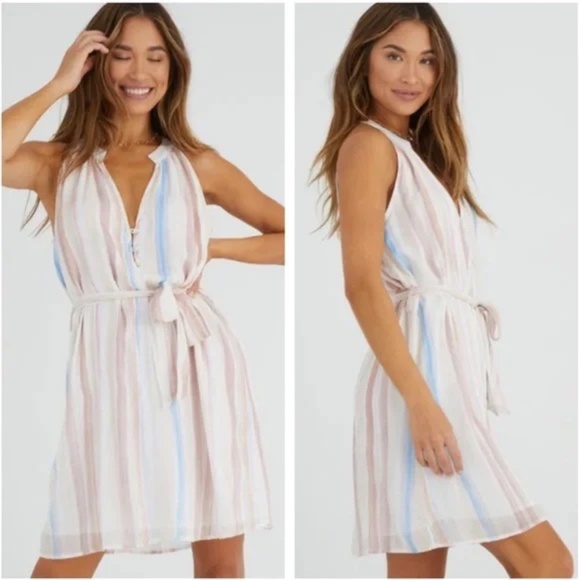 Bella Dahl Desert Horizon Striped Sleeveless Dress in Soft Pastel with Waist Tie - Picture 3 of 11